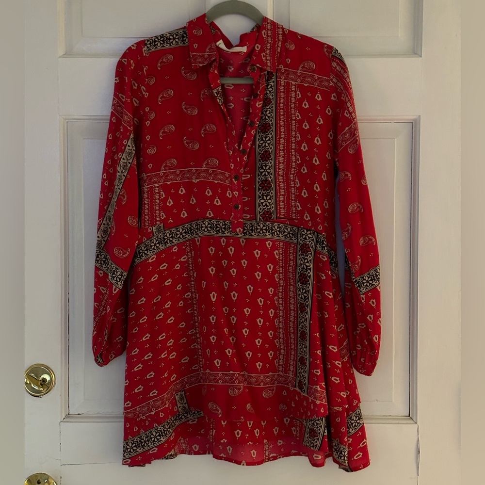 Red Long Sleeve Flowy Mini Dress